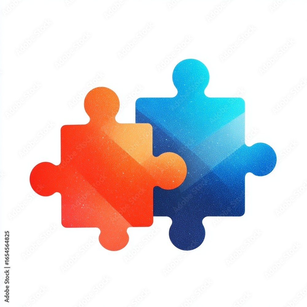 Fototapeta premium Two puzzle pieces interlock, illustrating teamwork, unity, and problem-solving