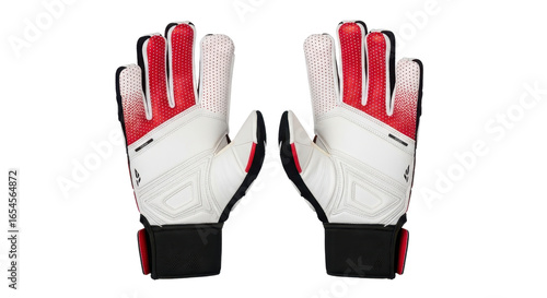 Pair of red and white soccer goalkeeper gloves isolated PNG with Transparent Background