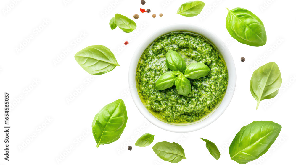 Obraz premium Vibrant pesto in a white bowl, adorned with fresh basil leaves and peppercorns.