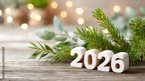 Decorative wooden numbers 2026 surrounded by fresh green pine branches on rustic wooden table with soft glowing lights in the background creating a festive atmosphere. Selective focus