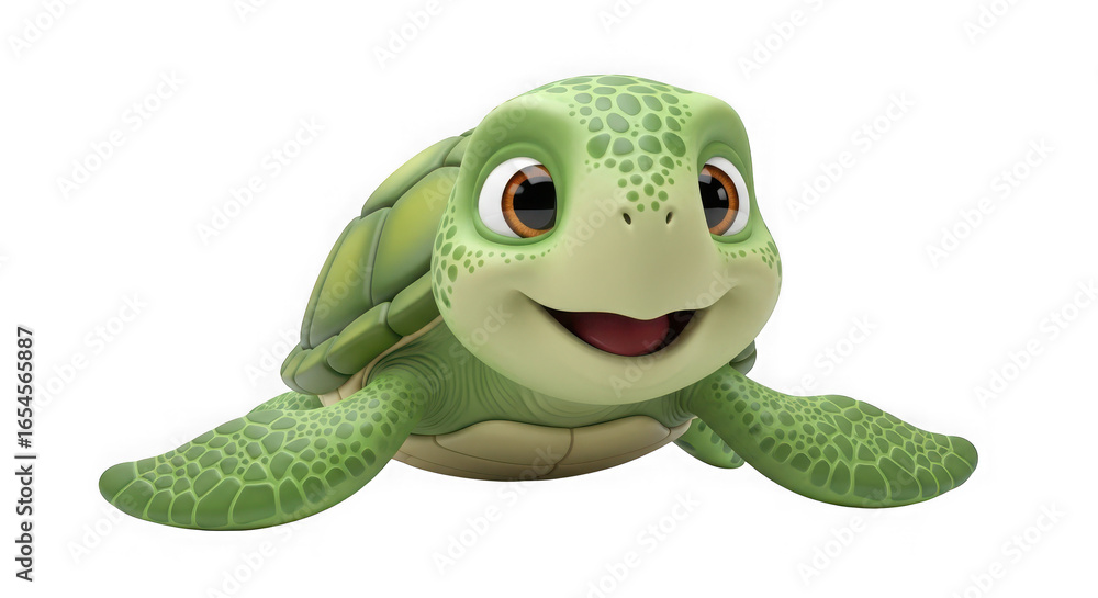Fototapeta premium Cute green cartoon turtle isolated on transparent background