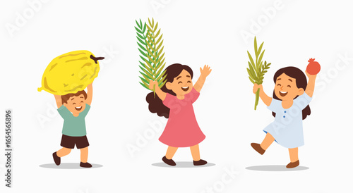 Jewish kids holding traditional four species of Jewish holiday Sukkot.