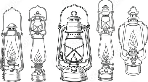 Vintage antique oil lanterns collection, rustic old kerosene lamps, hand-drawn retro lighting, camping lantern illustrations, classic emergency lights, black and white sketch