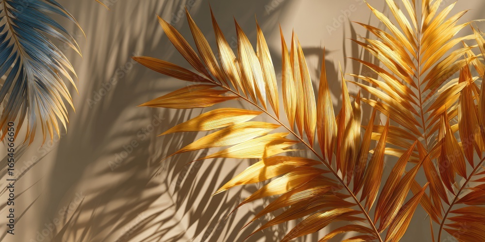 Obraz premium Golden and blue palm leaves cast shadows on a beige background