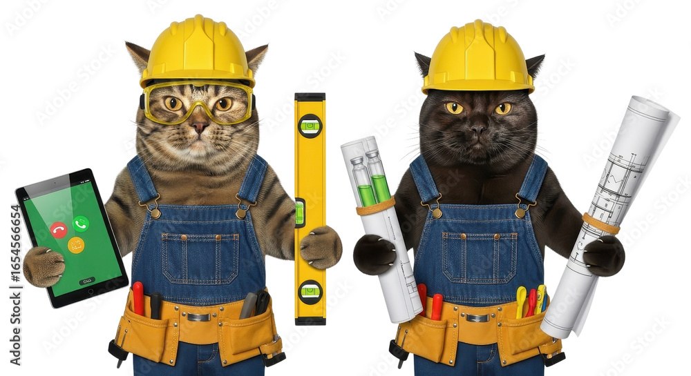 Fototapeta premium Funny construction cats in hard hats and overalls, professional builder feline characters with blueprints and tools, humorous handyman cat team