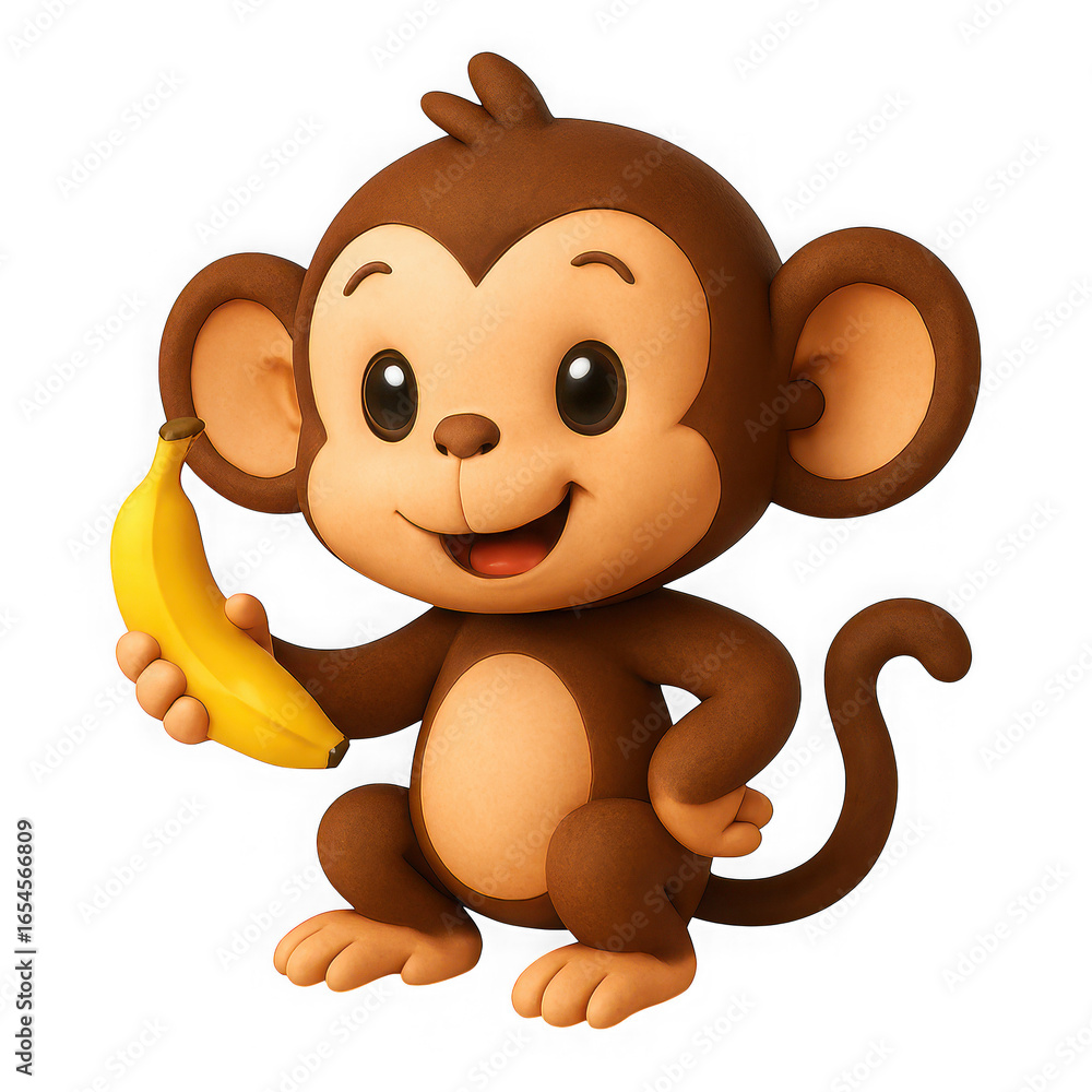 Naklejka premium Cute cartoon monkey holding a banana isolated on transparent background