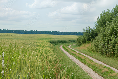 The dirt road winds like a ribbon through endless fields. Its tracks, like traces of time, lead to the horizon. On one side are tall green grasses, on the other - green trees