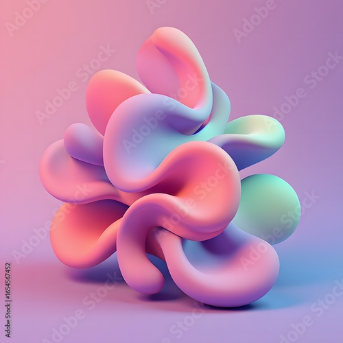 A soft, abstract sculpture of flowing shapes in pastel pink, purple, and blue