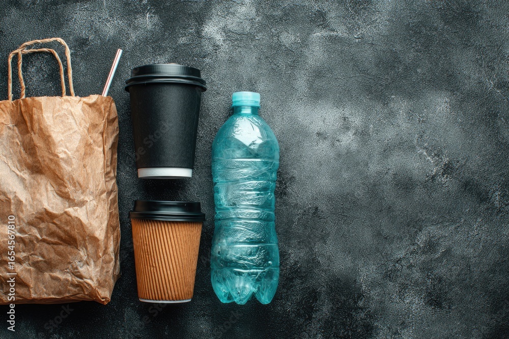 © Accordpansy - Disposable coffee cups, plastic bottle, paper bag on dark surface © Accordpansy - Disposable coffee cups, plastic bottle, paper bag on dark surface