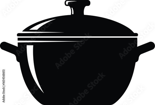Black cooking pot with lid on food preparation, kitchen concept