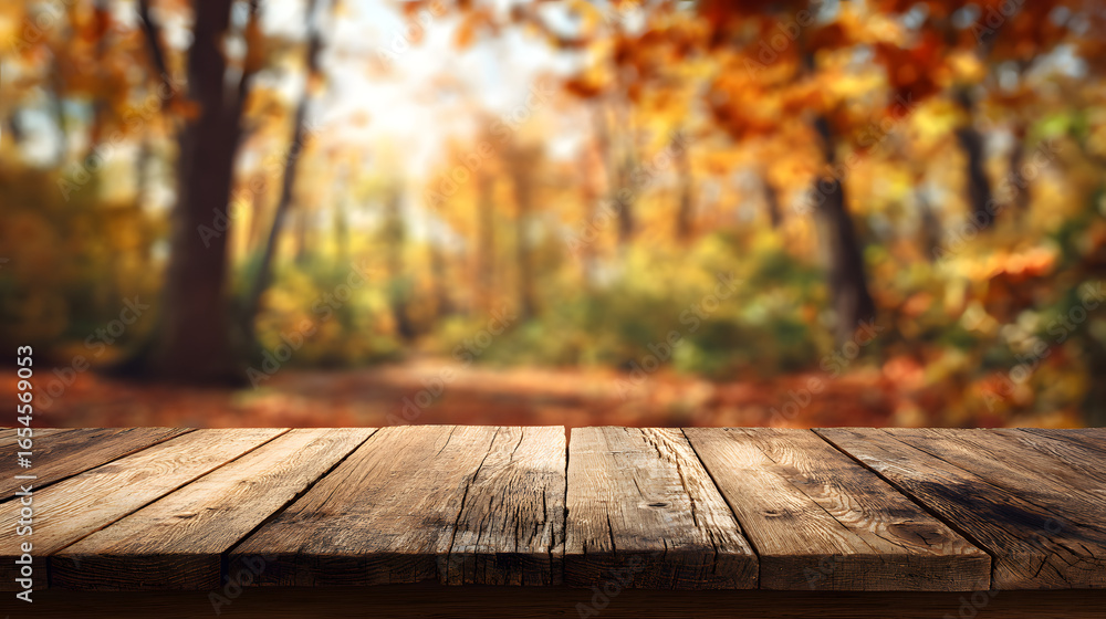 Wood table in autumn landscape with empty copy space for product display Wood table in autumn landscape with empty copy space for product display
