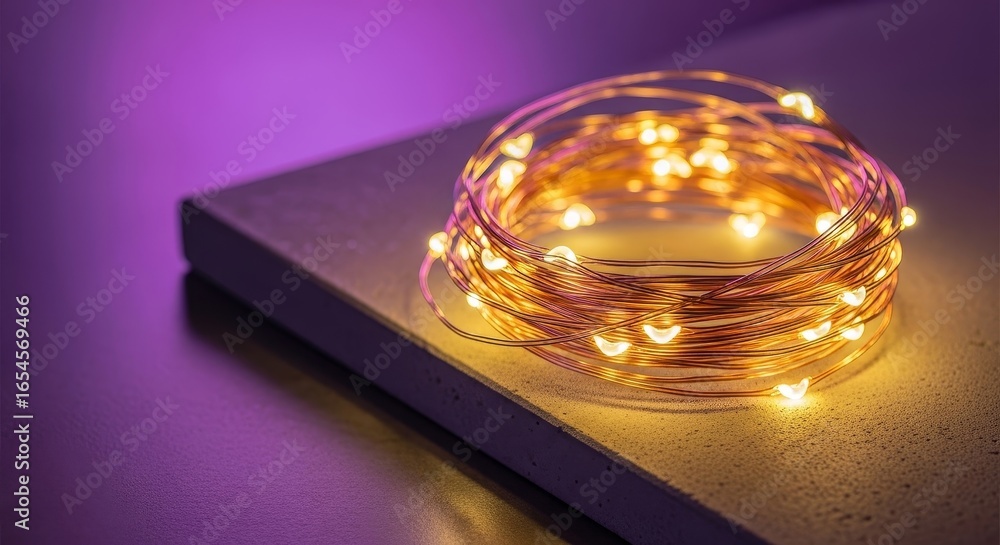 Obraz premium Warm LED String Lights on Book with Purple Background