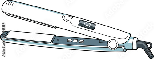Light blue hair straightener with digital display, beauty appliance