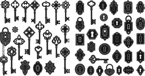 Vintage keys and keyholes set, antique lock designs, ornate skeleton keys, retro keyhole illustrations, decorative lock and key graphics