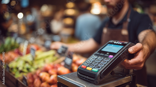 A man is standing behind a counter in a grocery store, holding a credit card reader. The scene is bustling with activity, with several people shopping and browsing the produce section