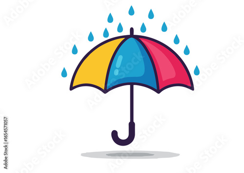A 2D vector illustration of a colorful umbrella with raindrops in a protective pose
