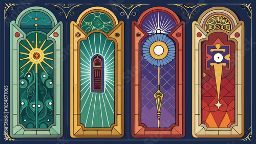 A trio of decorative bookmarks showcasing elaborate, artistic designs with vibrant colors and detailed patterns..eps