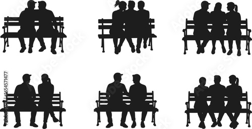 Silhouettes of people sitting on benches, pairs and groups, black vector, casual poses, outline, flat design, human figures, illustration