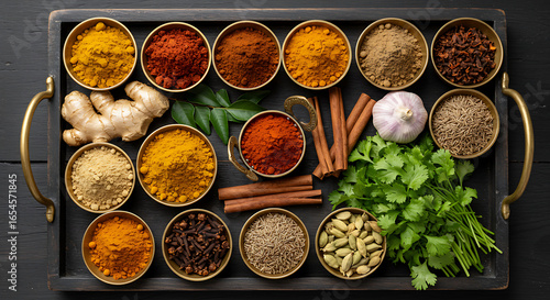 Overhead view of Indian curry spices and ingredients on dark wooden tray. Curry leaves, turmeric root, ginger, garlic, red chili powder, coriander powder, cumin seeds, garam masala, cardamom, cloves, 
