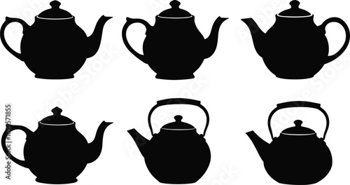 Vintage teapot silhouettes set, black and white kitchen decor, retro tea kettle icons collection, isolated vector clipart, printable design.