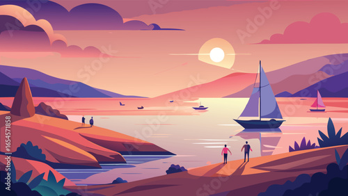 A sailboat sailing peacefully on the water at sunset, with a backdrop of rich hues illuminating the evening sky..eps