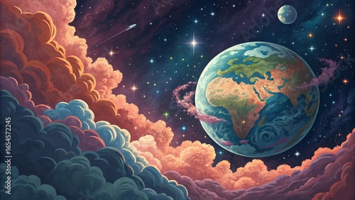 A vibrant illustration of planet Earth floats amidst an abstract cosmic landscape.
