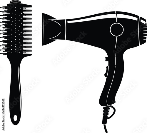 Black hairbrush and hairdryer, beauty and personal care equipment