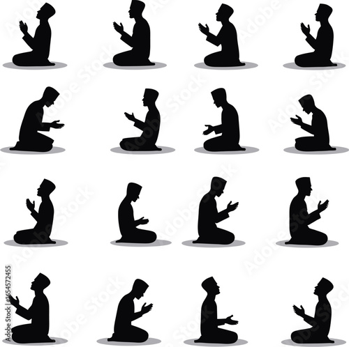 Twelve muslim men silhouettes praying in various poses