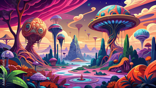 Alien landscape with exotic flora and fauna , extraterrestrial, unknown, unique, surreal, bizarre
