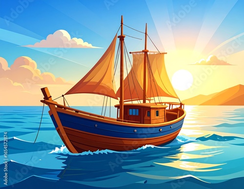 Animated sailing ship at sunset