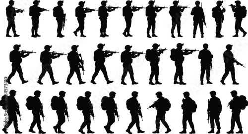 WebSoldier silhouettes, military, rifle, helmet, backpack, walking, aiming, standing, pose, vector, black, combat