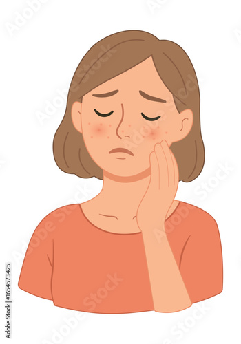 Woman with sensitive skin isolated on white background. Skin care cosmetic product template. Cute flat style