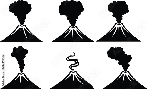 Volcano eruption illustration, active volcano with smoke plume, volcanic mountain, lava flow, natural disaster, eruption, smoke cloud, volcanic activity
