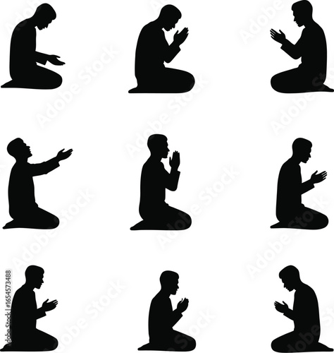 Praying man silhouettes diverse poses kneeling faith