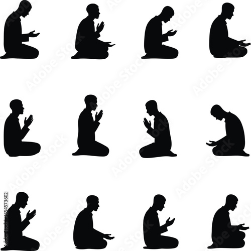 Muslim man praying silhouettes various poses