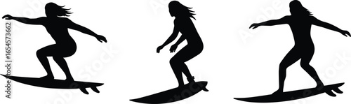 Surfers, silhouette, surfboard, ocean, balance, pose, sport, vector, black, wave, action, stance