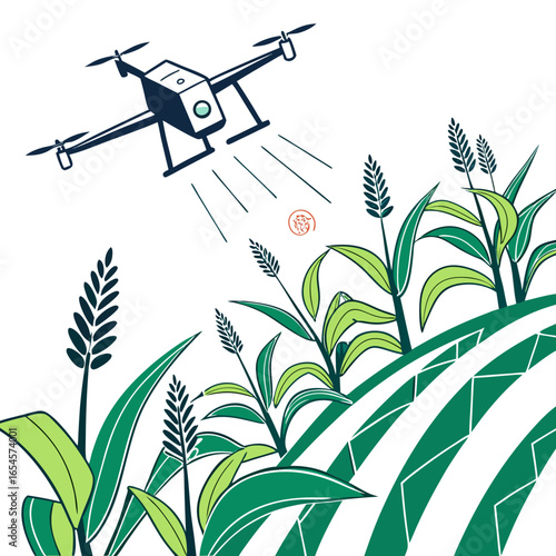 Drone surveying crops in a stylized agricultural field