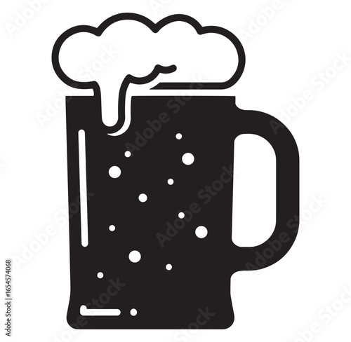 Black and white illustration of a full mug of beer with overflowing foam