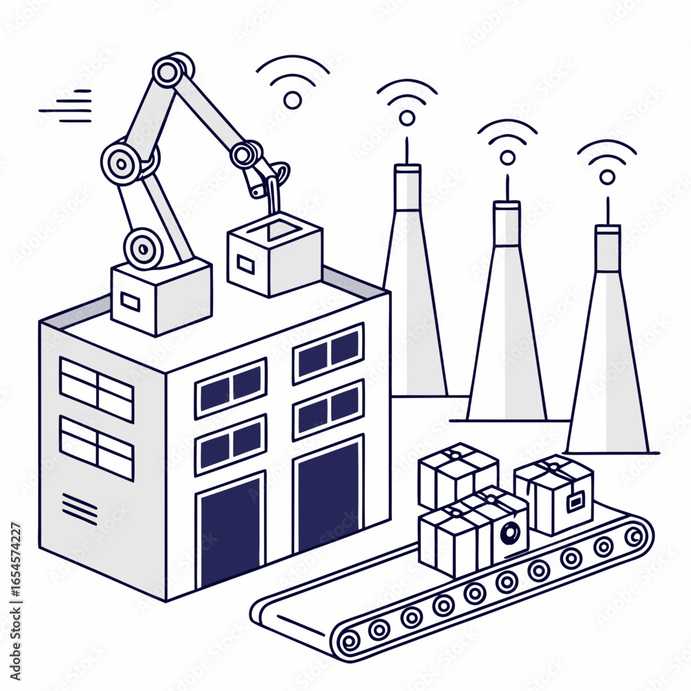 Fototapeta premium Industrial robot arm loading boxes onto factory building