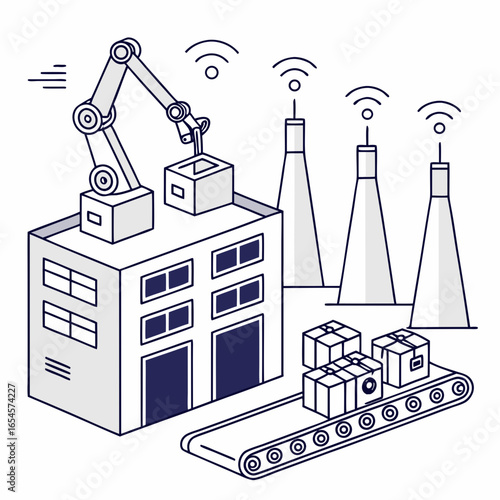 Industrial robot arm loading boxes onto factory building