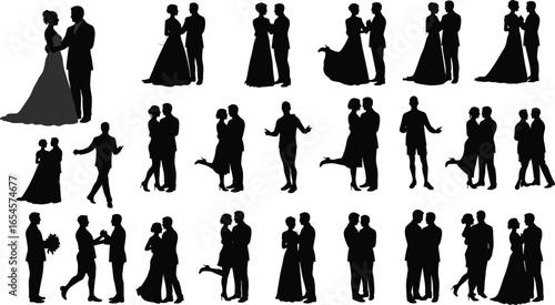 Wedding couple silhouette, romantic love poses, bride and groom vector, dancing couples clipart, marriage celebration illustration, black and white art