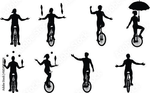 Unicycle performance silhouettes, juggling, black vector, circus skills, balance, extreme sport, coordination, entertainment, posture, outline, flat illustration, CAD drawing, design set