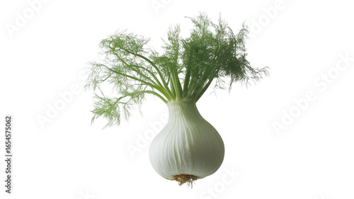 Fresh fennel bulb with vibrant green fronds against a clean white background