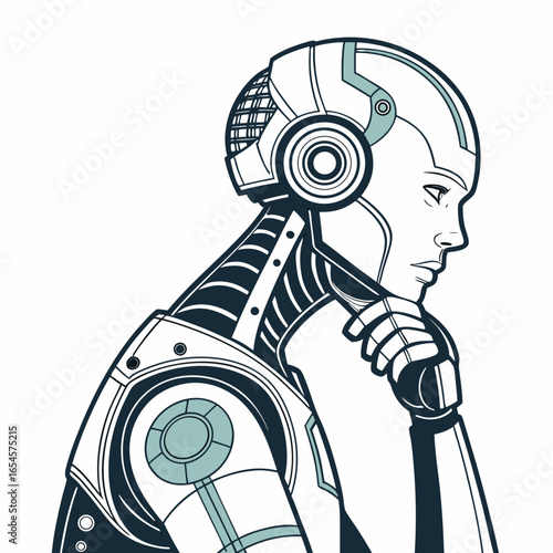 Stylized robot head in profile with hand on chin android
