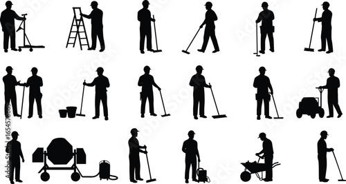 Worker silhouettes, construction, maintenance, tools, ladder, sweeping, hard hat, vector, black, labor, pose, job