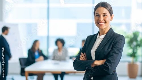 A businesswoman in a suit smiles confidently, arms crossed. Blurred meeting in the background. Modern office setting