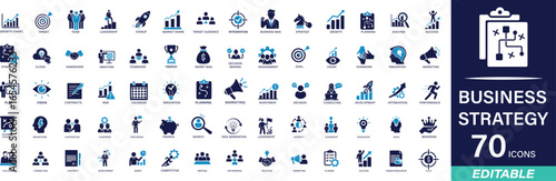 Business Strategy icon set with goal, tactics, vision, plan, objective, roadmap, mission, solution, and execution. Solid vector collection.