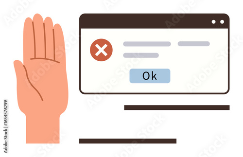 Raised hand beside error message window with a red cross and Ok button, symbolizing denial, caution, or alert. Ideal for security, error prevention, warnings, system alerts, blocking refusal user