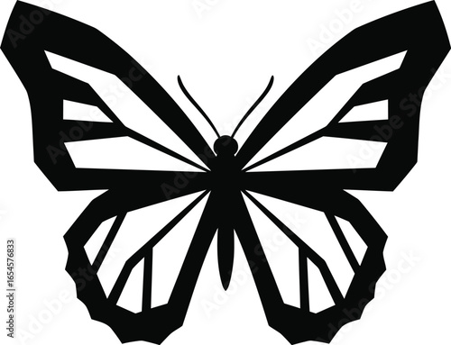Graphic black butterfly, wings with geometric shapes, nature concept