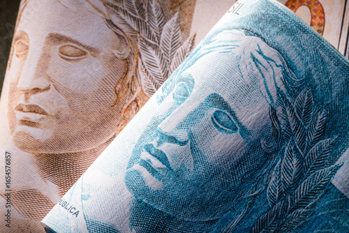 Brazilian real cedula close up, Brazilian financial crisis, Marianne. Punctual close-up.